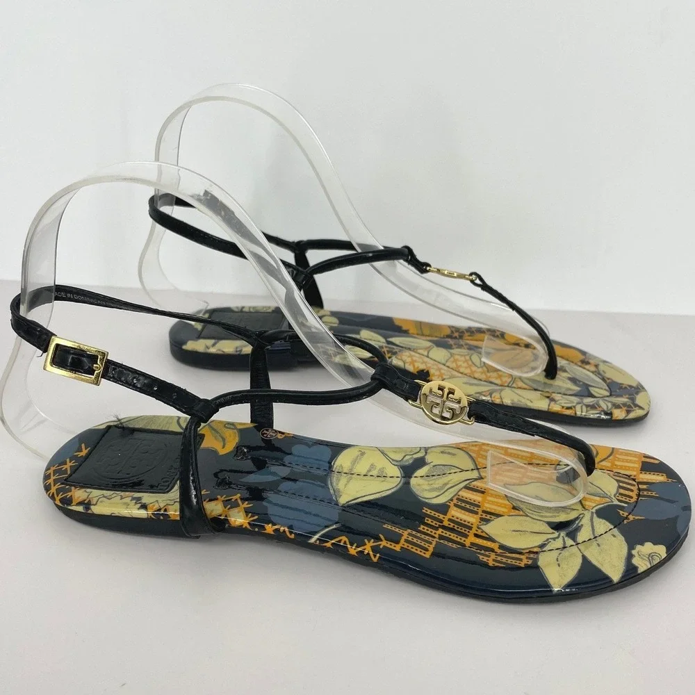 Tory Burch Emmy Floral Patent Leather Thong Sandals Navy Yellow Gold Logo 7.5M
